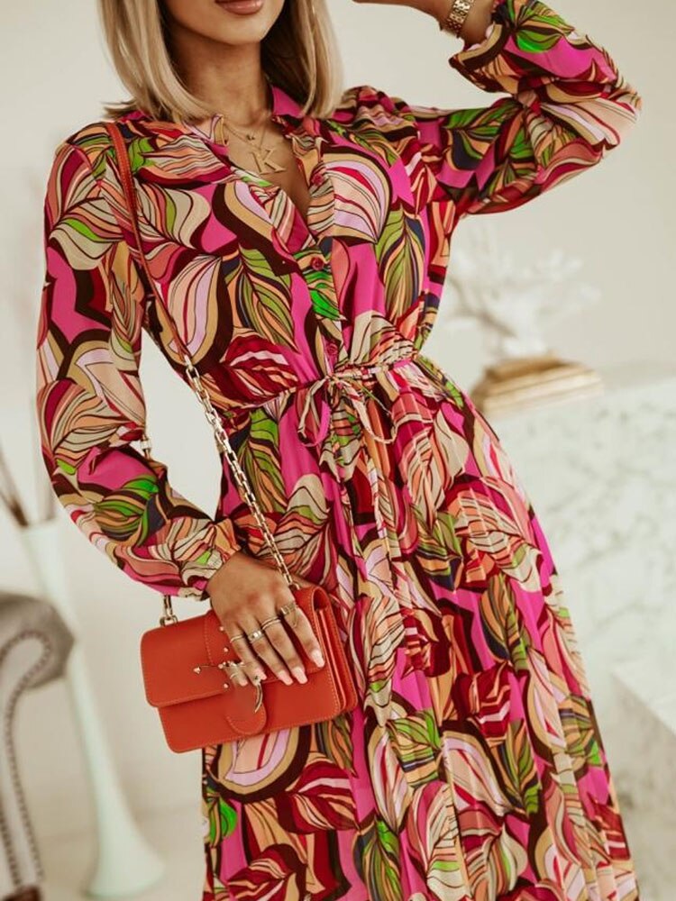 مثير الخامس الرقبة بوهو فانوس كم طويل فستان الشاطئ أنيقة مطبوعة الشيفون خمر المرأة أزياء من الدانتل حتى مطوي فستان الحفلات