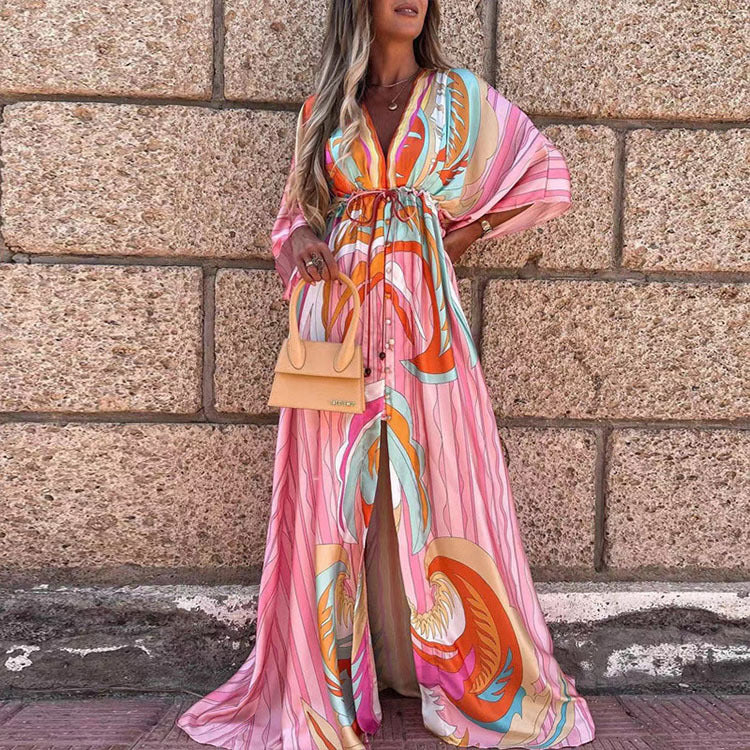 Autumn Fashion Long Sleeve Tie Dress Women Sexy V Neck Printed Button Dress Casual Loose Boho Beach Dress Party Tank Top