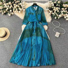 French style high-end five-quarter-sleeve printed color-blocking shirt dress female niche waist slimming temperament pleated long skirt