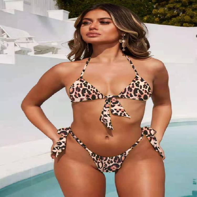 Bandage Bikini Female Leopard Swimsuit Women Swimwear Halter Two pieces Bikini set Bather Mid Waist Bathing Suit Swim Lady