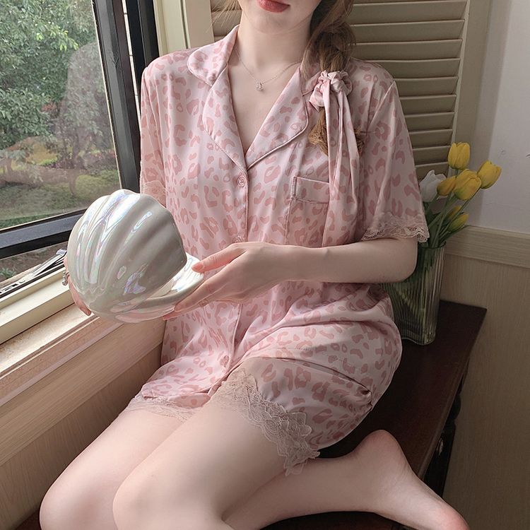 Summer leopard print silky short-sleeved shorts 2 home clothes thin  silk suit