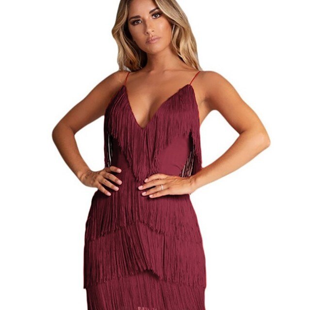 Sexy Deep V-Neck Backless Patchwork Bodycon Dress Spring Summer Fringe Tassel Club Party Prom Mini Dress Vestidos