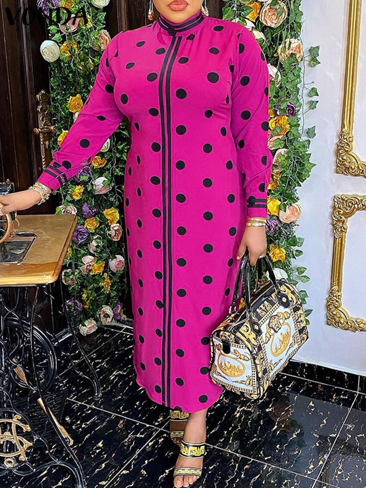 فساتين VONDA Women Boho Vintage Wave Point المطبوعة بطول الكاحل Sping الخريف غير رسمية فضفاضة وياقة واقفة وأكمام طويلة