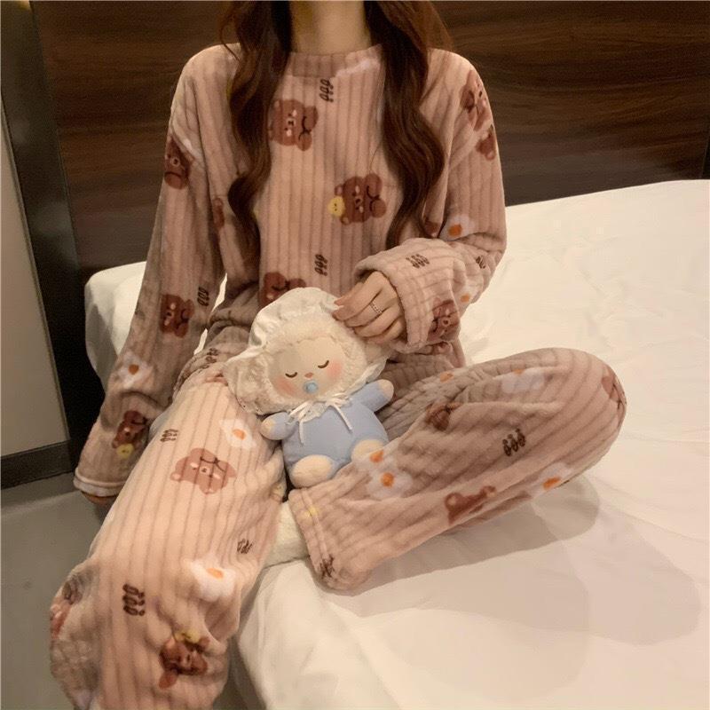 Coral velvet pajamas for women  winter sweet cute long sleeve velvet thickened spring and autumn Flannel housewear suit