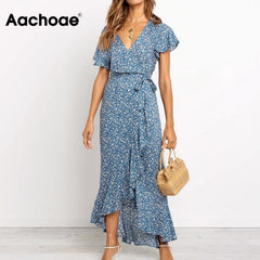 Aachoae Long Maxi Dress Women Summer Bohemian Wrap Floral Print Beach Dress V Neck Split Short Sleeve Ruffles Sundress Vestidos