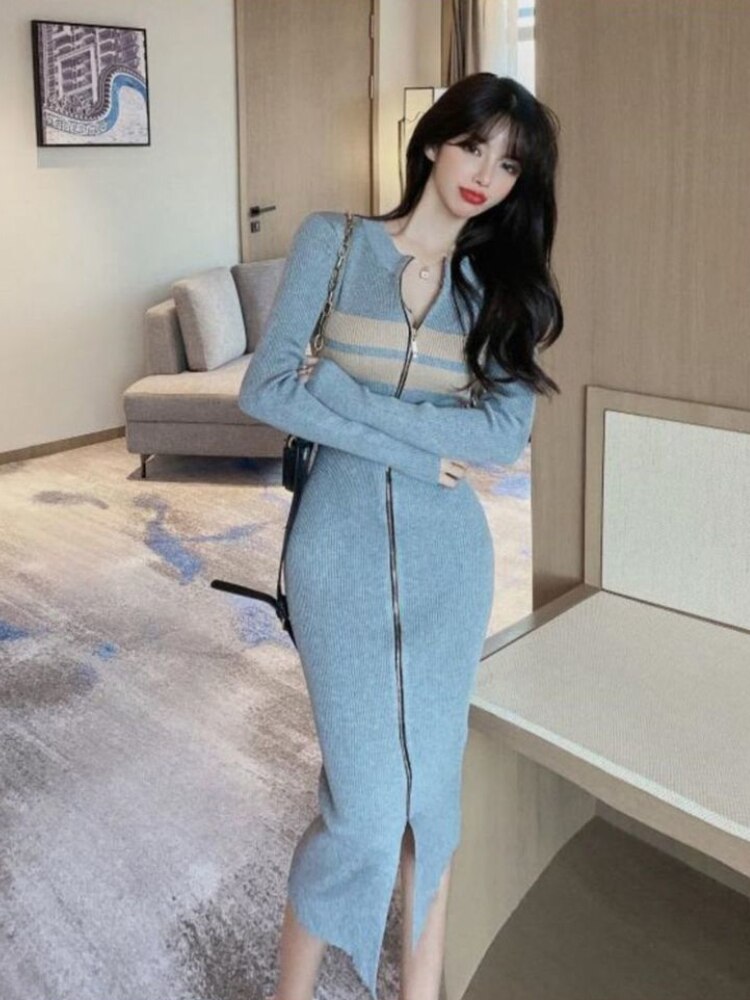 Woherb Sexy Long Sleeve Knit Dress Women Slim Classy Elegant Elastic Y2k Bodycon Vitido Midi Long Zip Dress Korea