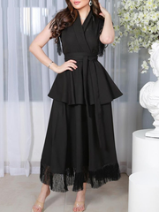 Black Elegant Satin V-Neck Fringed Hem Dress
