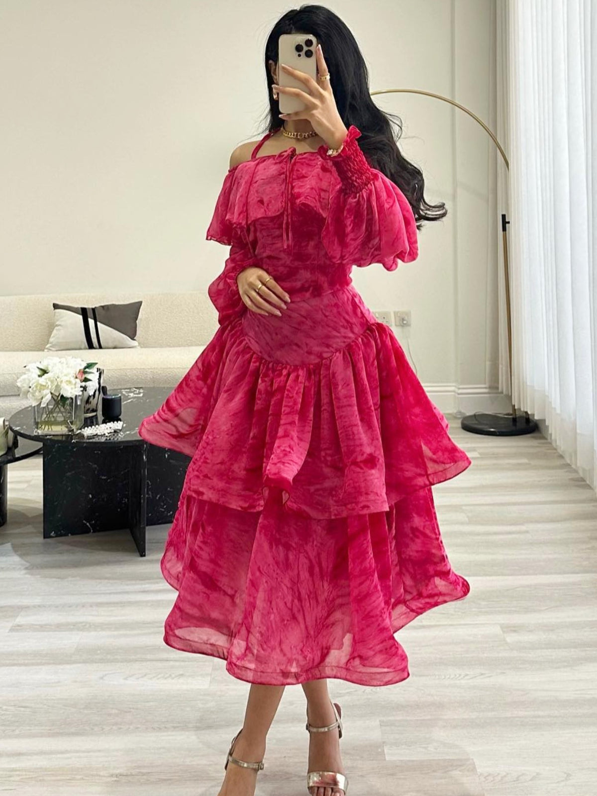 Rose Red Chiffon Double Layer Cake Dress