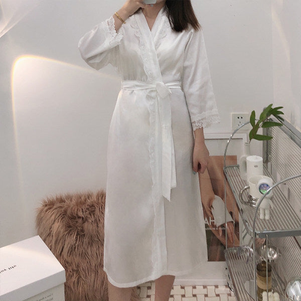 Dressing gown female bride bridesmaid group wedding home nightgown spring and autumn ice silk long bathrobe sexy lace