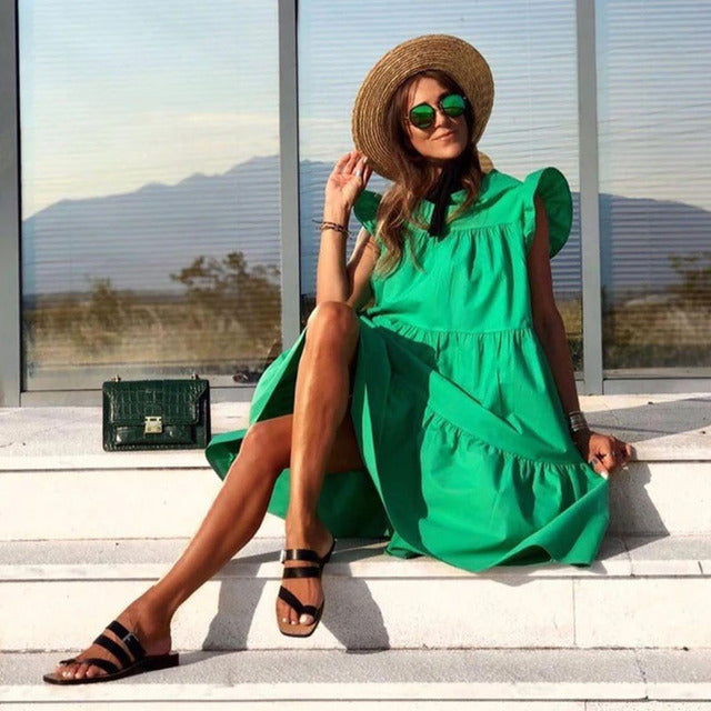 2023 New Summer Boho Dress Women Solid Color Short Sleeve Ruffle Midi Dress Women Casual Holly Beach Party Dress