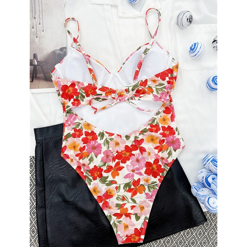 Sexy Printed One Piece Swimsuits Women Underwire Bikinis Bathing Suits 2022 New V Neck Swimming Beachwear Female Bather Swimwear