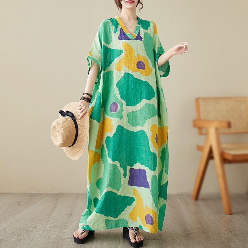 Women's Summer V-neck Thin Cotton Linen Dress Large Size  Literary Vacation Style Beach Skirt Retro Covering Meat Long Robe