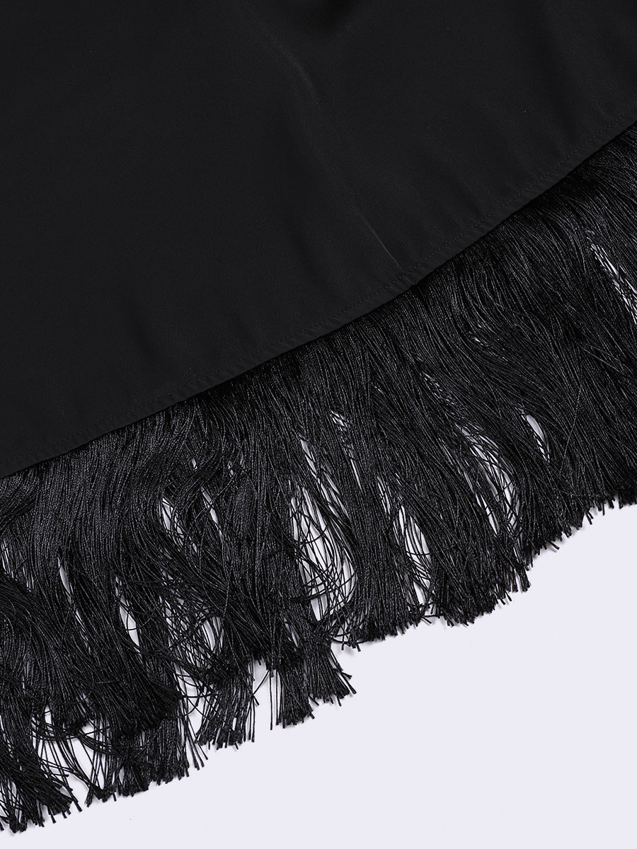 Black Elegant Satin V-Neck Fringed Hem Dress
