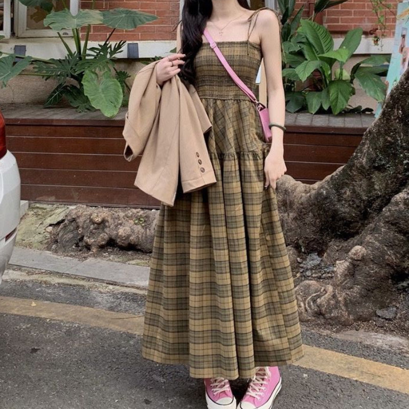 Plaid Millennium Bug Long Daily Chic Sundress Beach Body Slim Pullover Design Fashion Summer Dress Women 2023 Korean Style