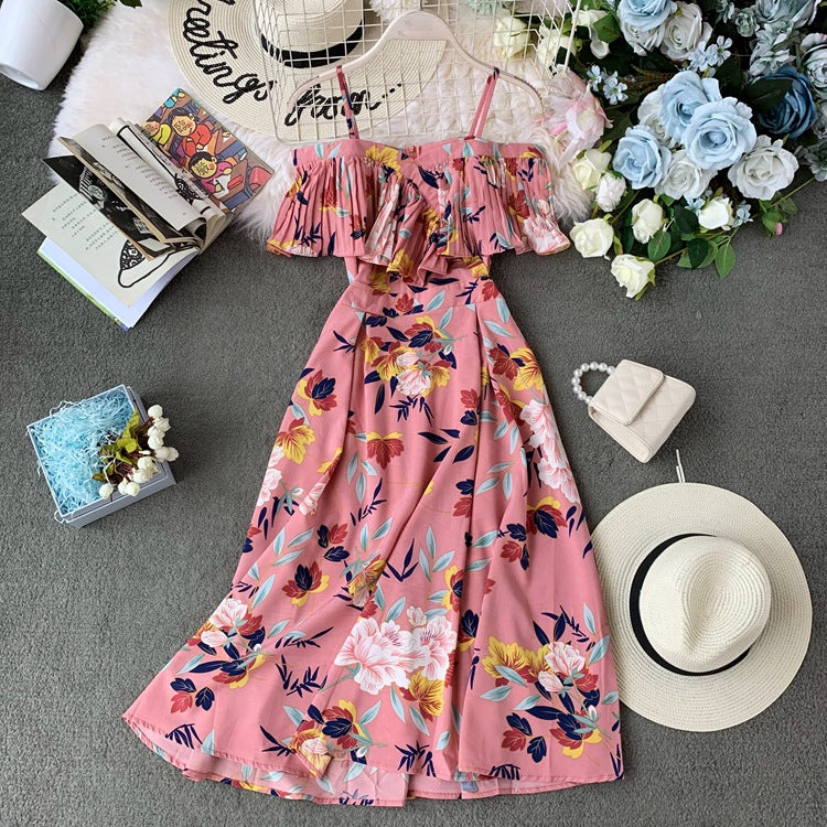 [فستان بحمالات بدون أكتاف برقبة واحدة] فستان رمضاني على الطراز العرقي العربي ذو ثنيات على شاطئ البحر لقضاء العطلات والترفيه فستان مطبوع يناسب الجميع