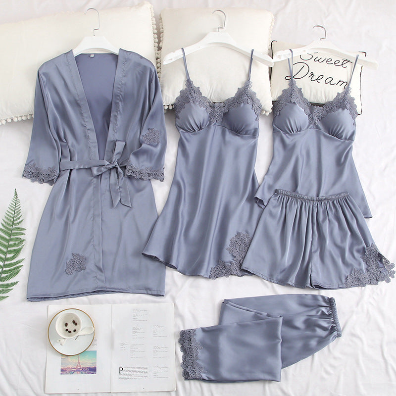 Five-piece pajamas women's summer thin ice silk suspender nightdress nightgown set