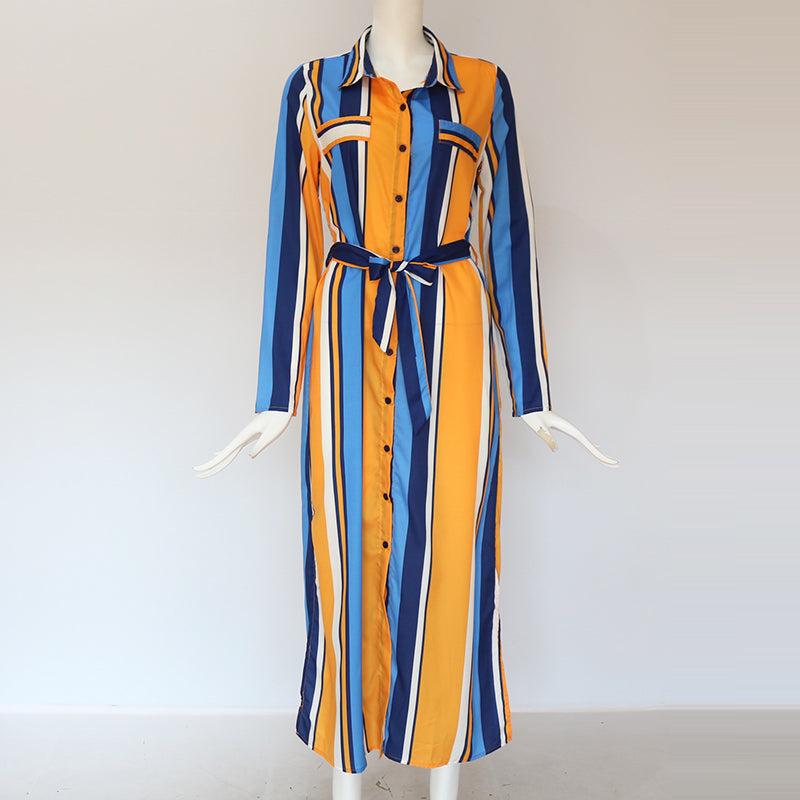 فستان قميص مخطط للسيدات بياقة مقلوبة فستان طويل بوهو للشاطئ فستان كاجوال بأكمام طويلة أنيق للحفلات