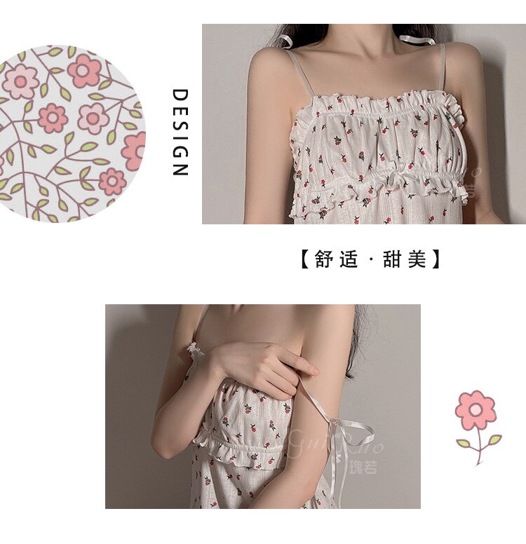 Women's Sexy Sweet Nightdress Slip Sleeveless Lovely Nightgowns Femme Skirt Thong Set Korean Japanese Girls Cute Sleeping Dress