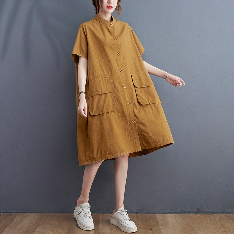 Large size  solid color dress literary retro fat MM small stand collar button pocket casual skirt