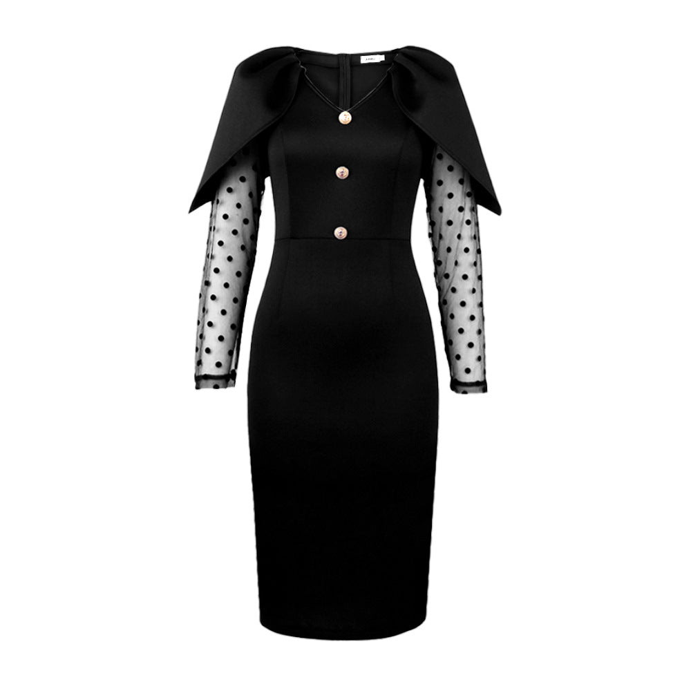 Women Black Dress Bodycon Slim Elegant V Neck Patchwork Mesh Sleeves High Waist Office Ladies Classy Female Gowns Vintage Robes