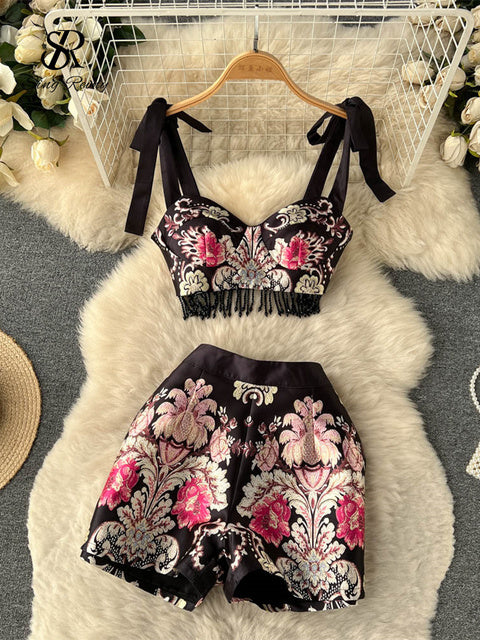 Spring and summer new women's retro court style printing suit women's strappy fringed suspender top +  waist wide-leg shorts two-piece set 7.29