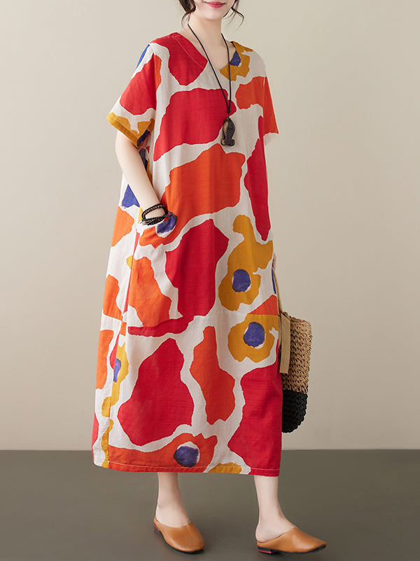 Women's summer new cotton and linen printed short-sleeved dress retro style age-reducing large size pullover V-neck mid-length skirt