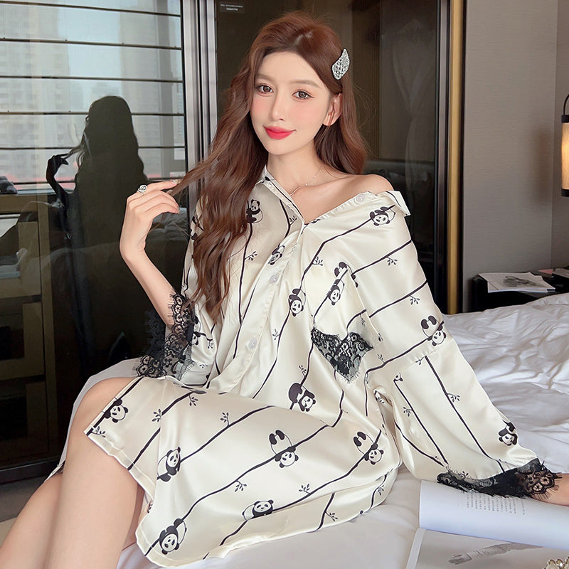 Ice Silk Shirt Dress Summer Thin Cardigan Lapel Print Short Sleeve Mid-Sleeve Nightdress