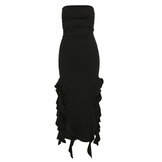 Y2K Sexy Pleated Midi Skirt 2023 Summer Women Street Strapless Backless Tassel Split Robe Bodycon Beach Party Black Dress