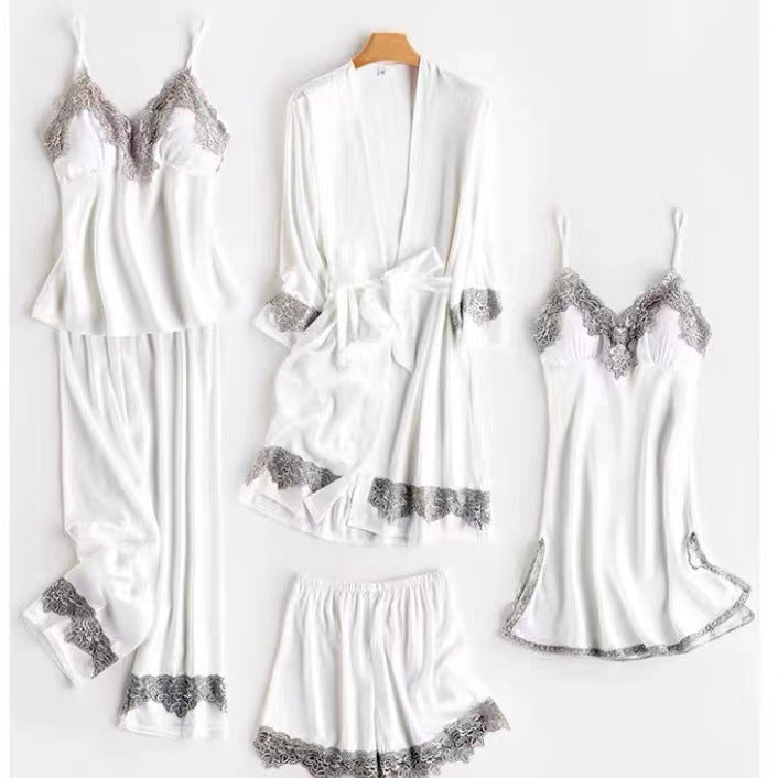 Five-piece pajamas women's summer thin ice silk suspender nightdress nightgown set