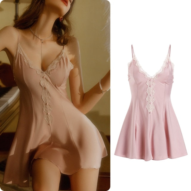 Women's Satin Sleepwear Female Silk Nightgown Sexy Lace V-Neck Sling Nightdress Women Solid Color Soft Home Dress