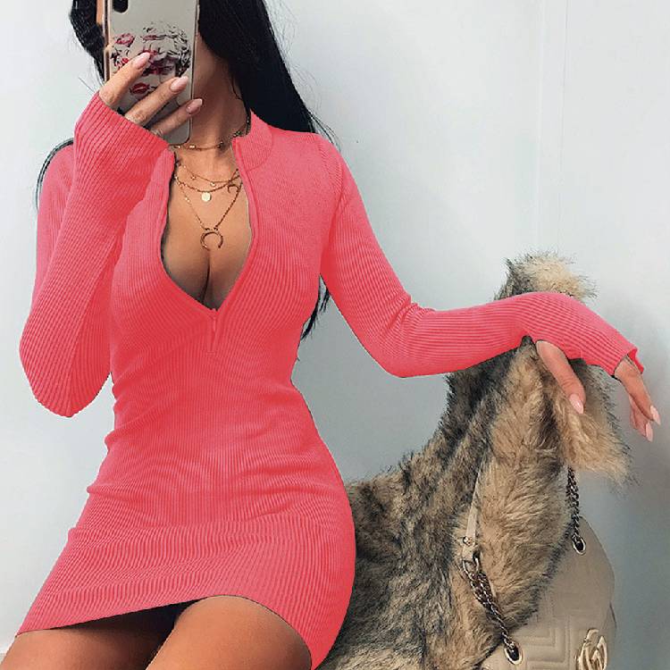 Oshoplive 2021 Autumn&Winter Fashion Bodycon Dress For Women Versatile Wrap Slim Sexy Dress Long Sleeves Knitted Mini Dress