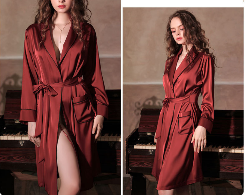 European and American spring and summer home clothes sexy deep V  silk private room medium length robe bathrobe suit (robe + belt)