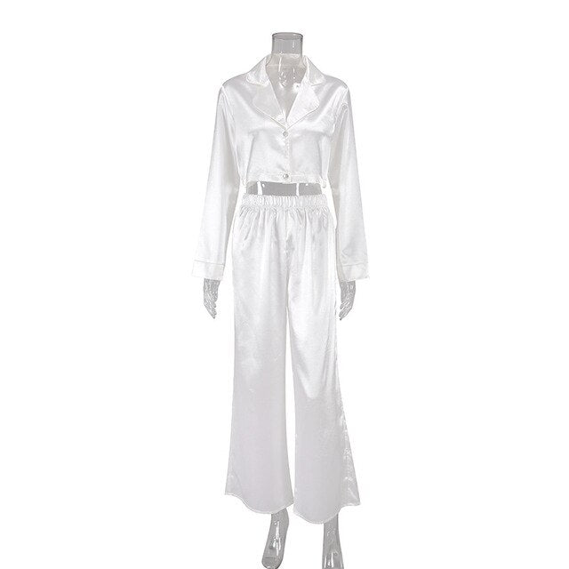 White Nightgown Turn Down Collar Pyjama  Flare Trouser Suits For Wedding Crop Top Pajama Set Woman 2 Pieces Homewear