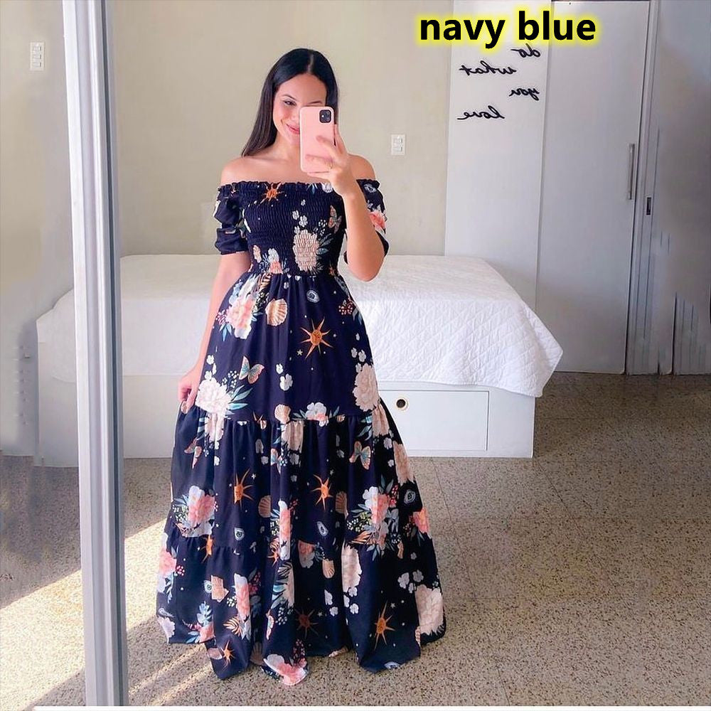 Women's Fashion Off Shoulder Dress Floral Print Long Dress Maxi Dresses Big  Dress Rochii Elegante Kleider Damen Elegant