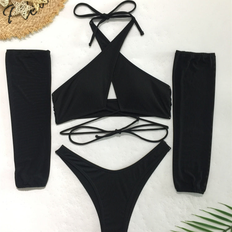 Sea Voice Swimwear Cross-border European Sexy Bikini Split Four-piece Swimsuit Women's New Bikini with Sunscreen Sleeves