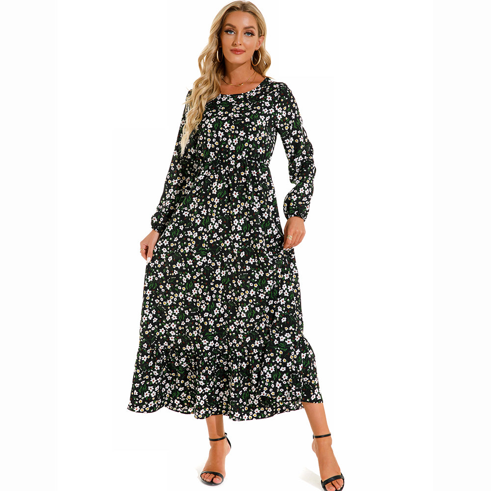 Sping Summer Bohemian Women Maxi Dress Casual Long Sleeve  Waist Beach Woman Chiffon Dresses Floral Vestidoes Mujer New