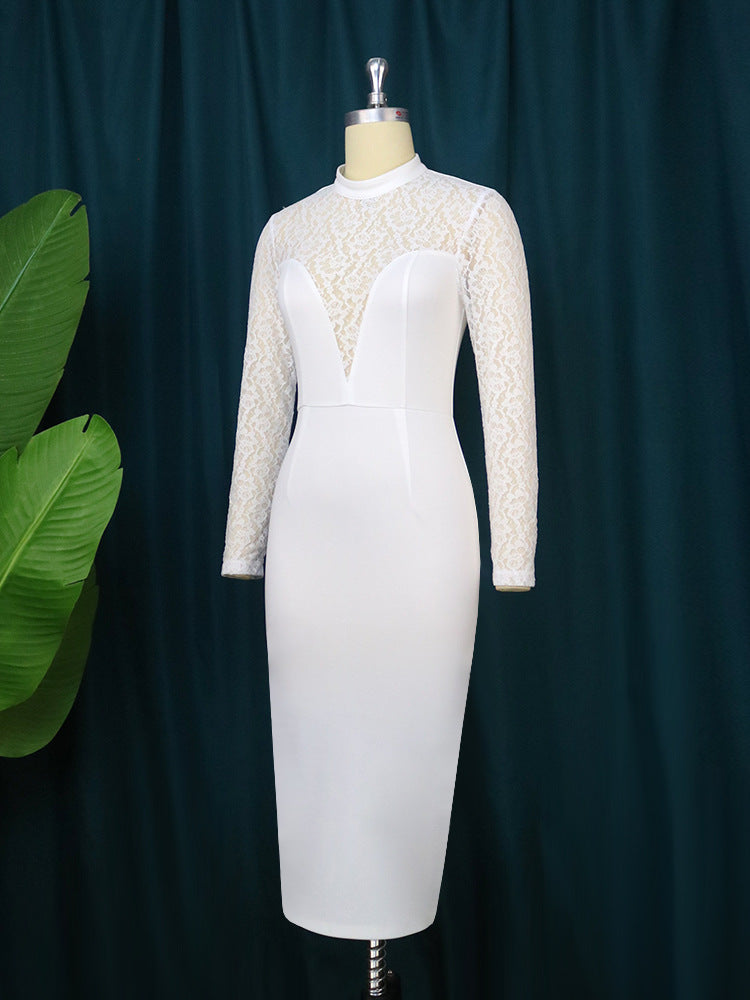AOMEI White Bodycon Lace Dress Women High Neck See Through Deep V Long Sleeve Elegant Midi Robes Party Evening Wedding Event New