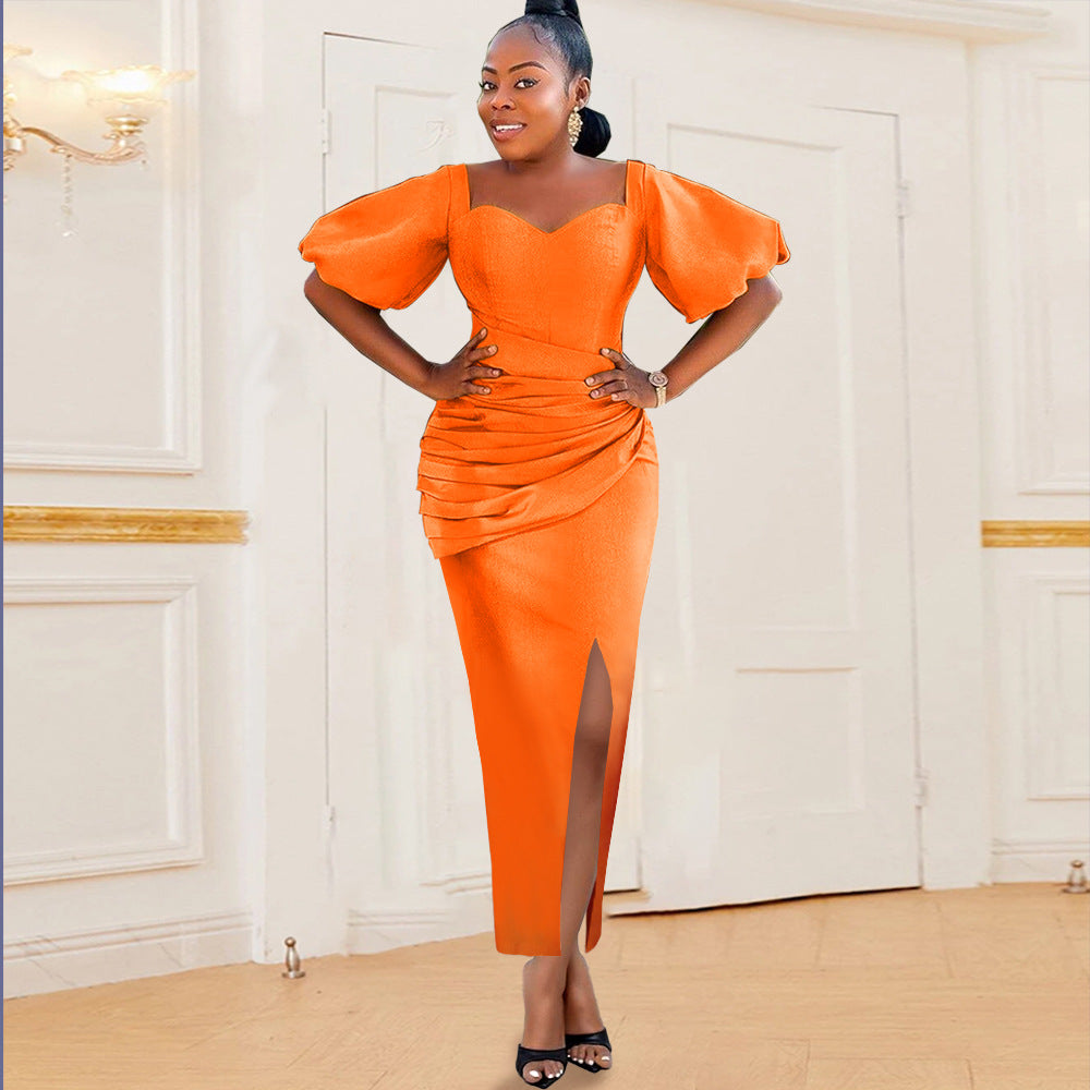 Women Shiny Orange Dress Short Lantern Sleeves Bodycon Pleated Fold Party Sexy African Female Event Tight Evening Robes Birthday