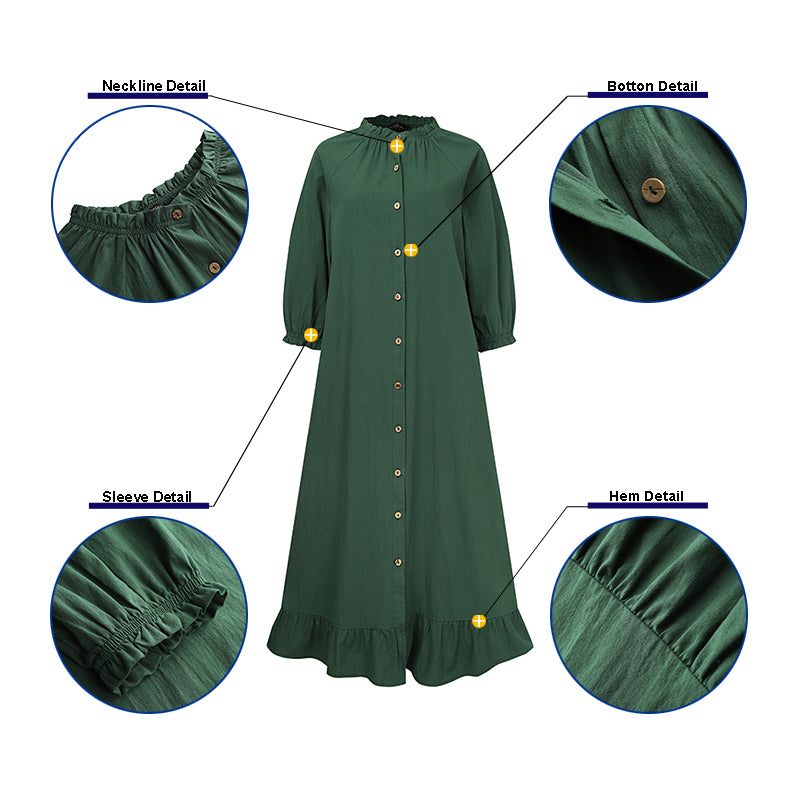 ZANZEA ladies European and American style  color simple temperament wood ear stitching stand collar button three-quarter sleeves lotus  hem fashionable  casual mid-length dress large size