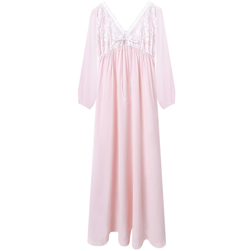 Long Sleeve Ladies Pajamas; Summer Cotton Palace V Neck Sweet Style  Plus Size Loungewear Long Pajamas