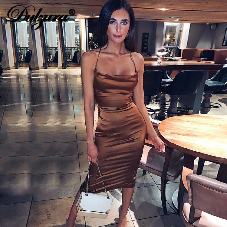 Dulzura neon satin lace up 2021 summer women bodycon long midi dress sleeveless backless elegant party outfits sexy club clothes