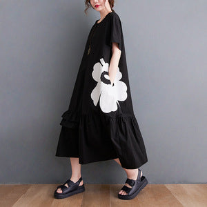 Large size women's clothing 2022 summer new black mid-length cotton printed dress niche large   long skirt