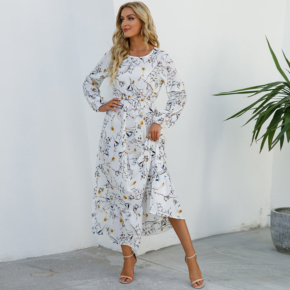 Sping Summer Bohemian Women Maxi Dress Casual Long Sleeve  Waist Beach Woman Chiffon Dresses Floral Vestidoes Mujer New