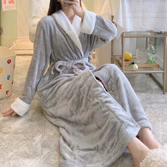 Women's  -end autumn and winter long-sleeved flannel nightgown thick solid color mid-length home service