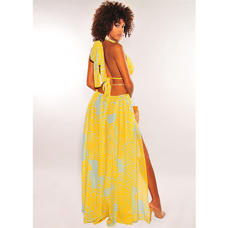 فستان فضفاض أوروبي وأمريكي للسيدات 2021 فستان بحمالات مطبوع جديد بدون أكمام وتنورة طويلة