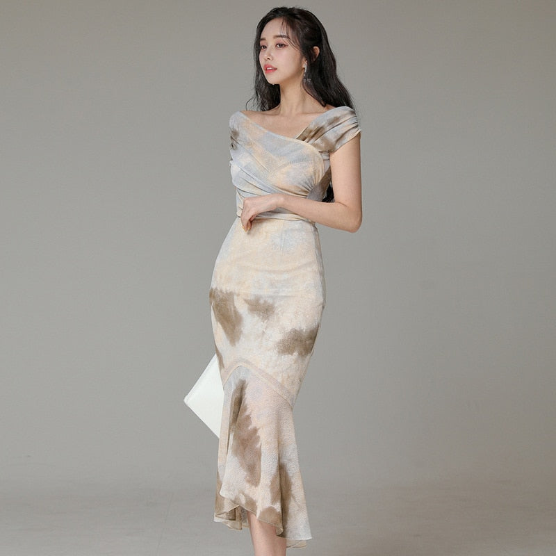 New Fashion Women Summer OL Elegant Bodycon Party Set Sexy V-Neck Tops Print Short Sleeve Shirt And Ruffle Skirt Two Piece Set