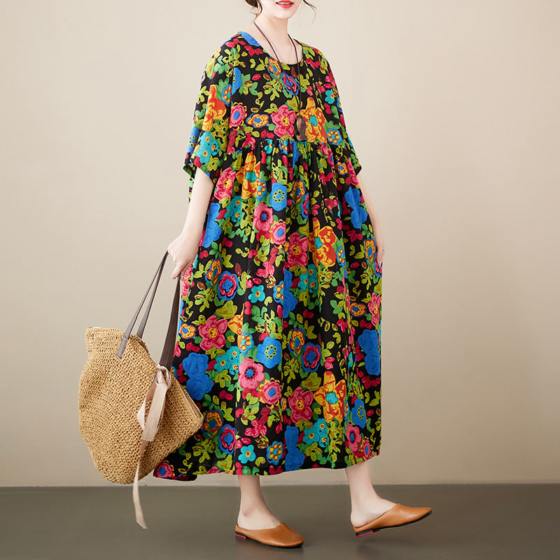 Simple bohemian dress 2023 summer new pastoral style extra wide short-sleeved large  dress