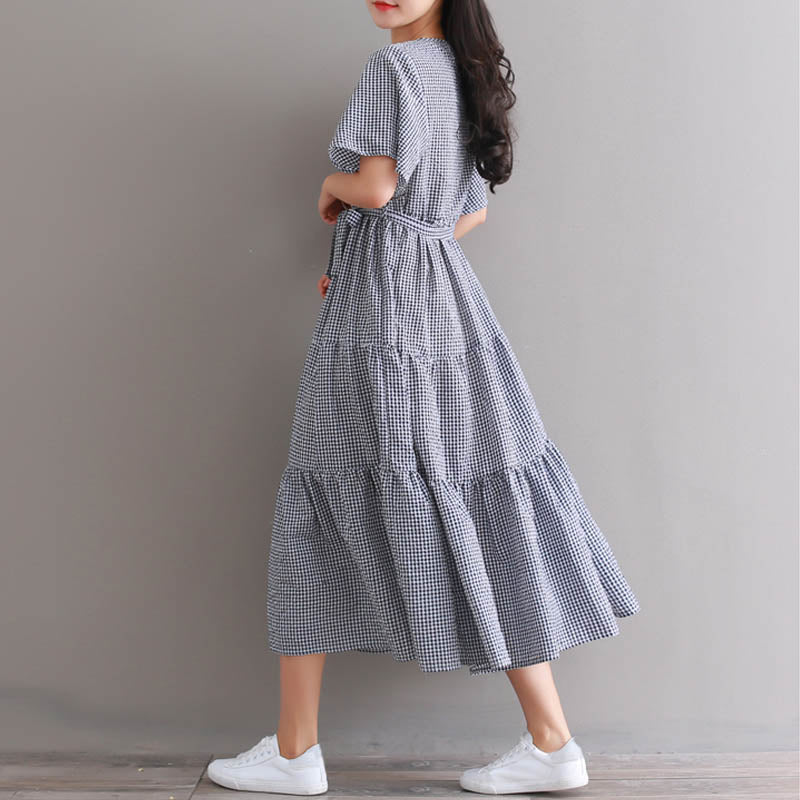 ZANZEA women's round neck short-sleeved plaid cotton and linen stitching cake skirt dress with belt