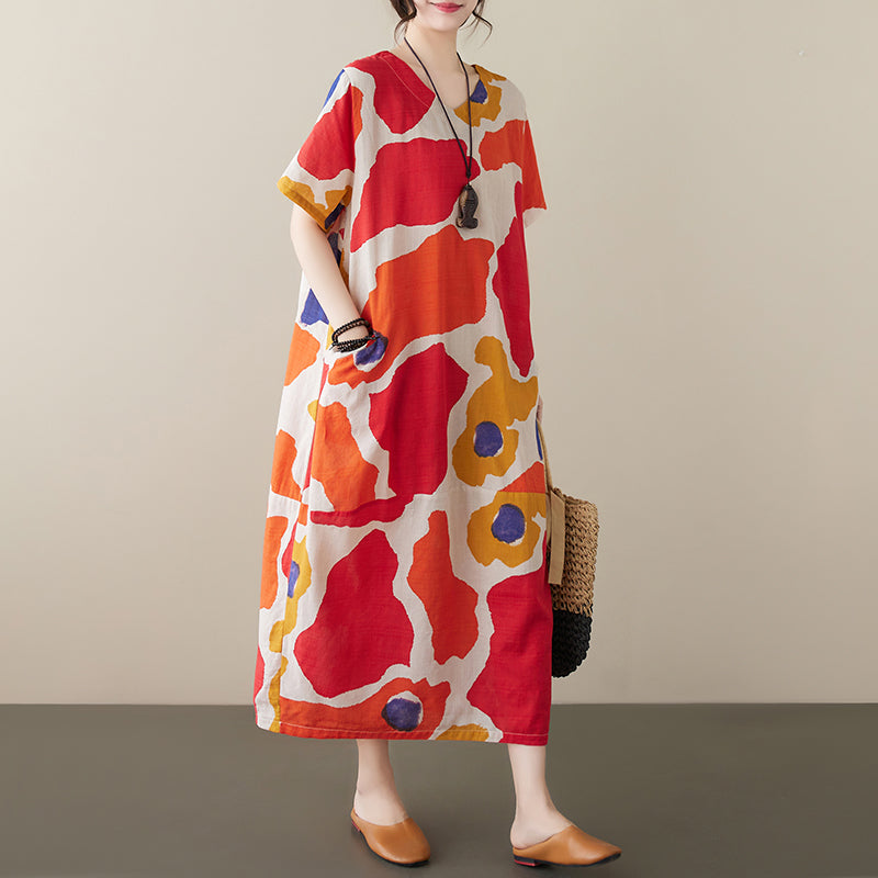 Women's summer new cotton and linen printed short-sleeved dress retro style age-reducing large size pullover V-neck mid-length skirt