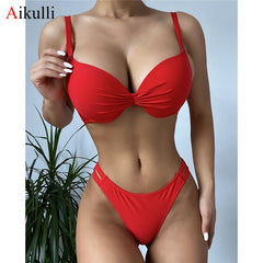 2021 New Sexy V-Bar Underwired Bikinis Swimsuit Women's Solid Swimwear Push Up  Set Summer Beach Female Swim Bathing Suits